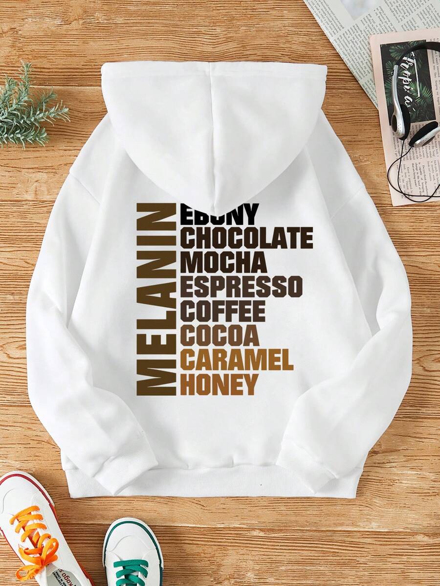 SHEIN LUNE 標語圖案袋鼠口袋抽繩加絨內裏連帽衫 - 白色 - 查看 1