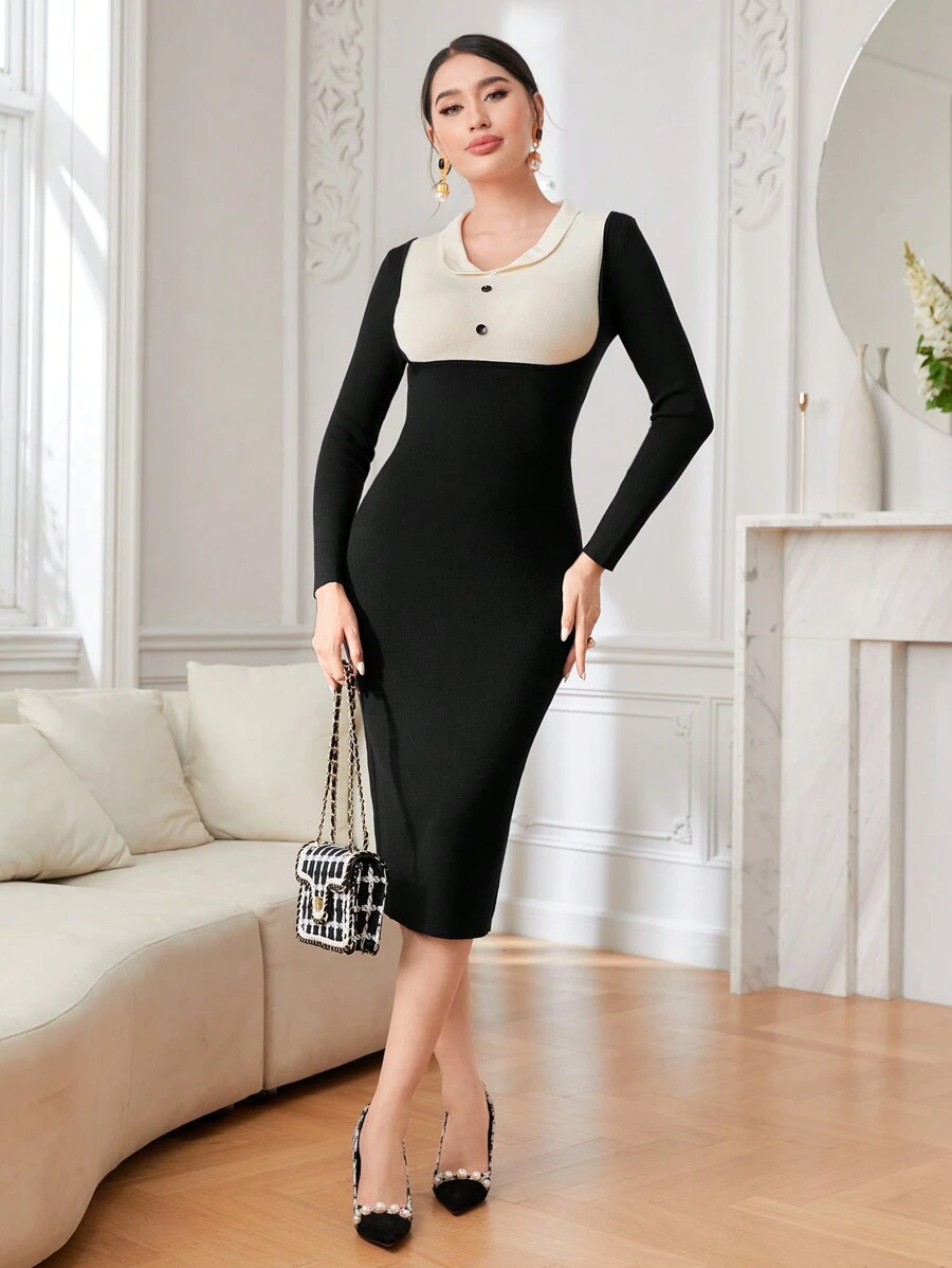 Modelyn Women Sweater Dresses Tombol Blok Warna Anggun - Hitam - View 1