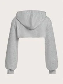 SHEIN EZwear 拉鏈開襟超短版抽繩連帽衫 - 灰色 - 查看 2