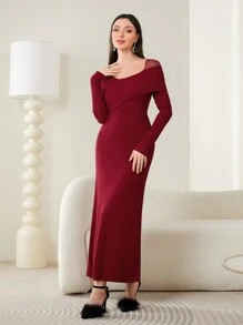 Modelyn Women's Solid Color Mesh Panel Cross Front Sweater Dress - Burgundy - View 4