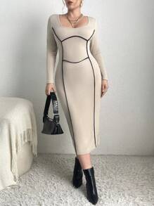 SHEIN Essnce Hơn Tương phản ràng buộc Cổ vuông Váy bodycon - Màu Khaki - Xem 1