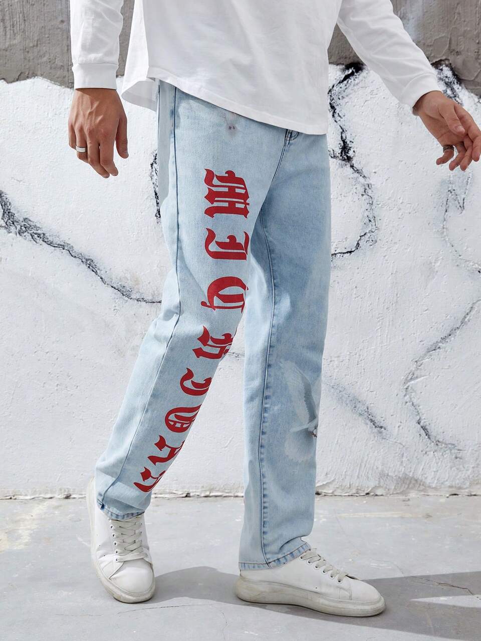 Men Letter & Pigeon Graphic Straight Leg Jeans