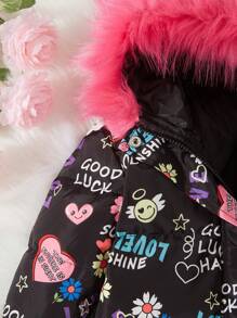 SHEIN Young Girl Letter & Floral Print Fuzzy Trim Hooded Padded Coat - Black - View 4