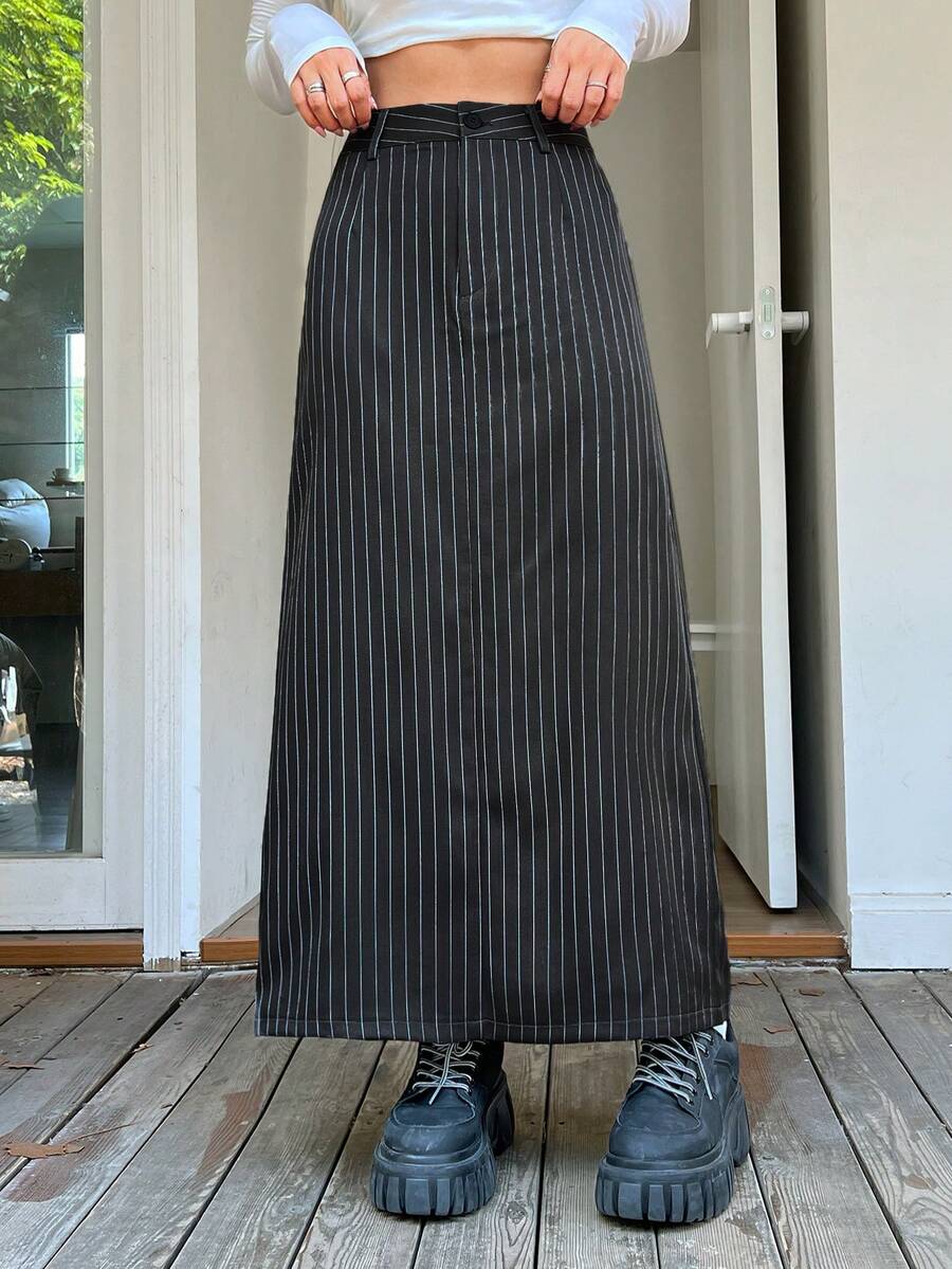 SHEIN EZwear Striped Print Split Back Skirt - Grey - View 1