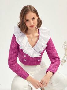 Enchnt Plaid Pattern Ruffle Trim Double Breasted Tweed Overcoat - Pink - View 6