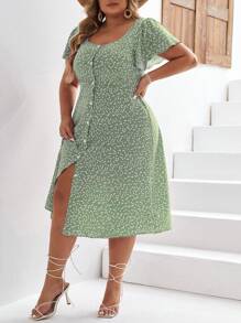 SHEIN Frenchy 大碼愛心圖案前紐扣洋裝 - 綠色 - 查看 1