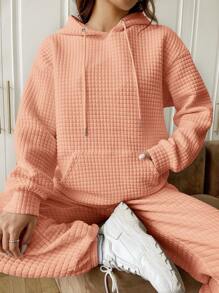 SHEIN EZwear Capucha con bolsillo de canguro de hombros caídos con cordón - Rosa coral - Ver 1