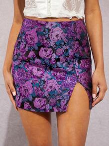SHEIN BAE 花卉圖案提花下擺開叉包臀半身裙 - 彩色 - 查看 6