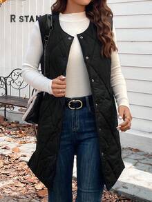 SHEIN LUNE Chất rắn Nút phía trước Áo khoác vest quilted - màu đen - Xem 5