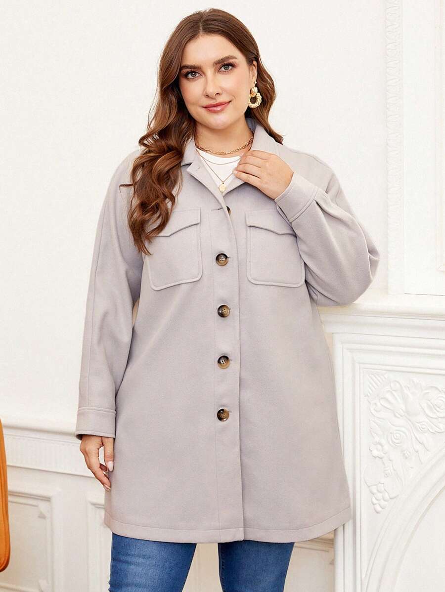 Flirla Plus Flap Pocket Raglan Sleeve Overcoat - White - View 1