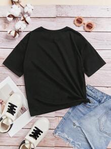 青少女休閒卡通短袖t恤,適合夏季穿著 - 黑色 - 查看 9