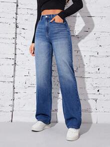 SHEIN Privé Zipper Fly Straight Leg Jeans - Light Wash - View 6