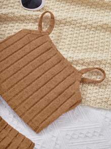 SHEIN 女小童素色吊帶上衣和喇叭褲和紐扣開襟夾克 - 橘色 - 查看 5