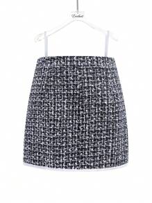 Enchnt 拼接邊粗花呢包臀半身裙 - 黑色 - 查看 6