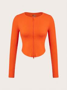 SHEIN Sports Chaqueta Deportiva Con Cremallera Y Dobladillo Curvo, Chaqueta Corta - Naranja - Ver 1