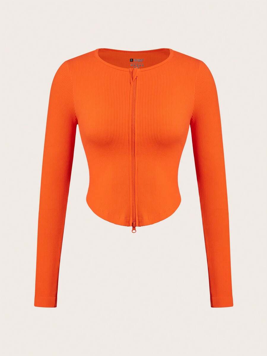 SHEIN Sports Chaqueta Deportiva Con Cremallera Y Dobladillo Curvo, Chaqueta Corta - Naranja - Ver 1