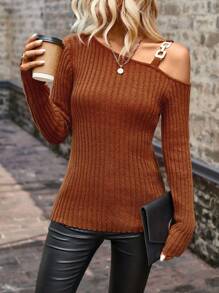SHEIN LUNE Chain Detail Asymmetrical Neck Ribbed Knit Pullover Fall Winter Sweater - Brown - View 1