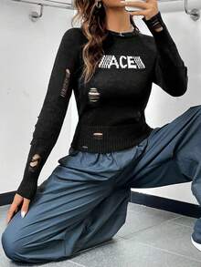SHEIN EZwear Mẫu chữ Rách Áo len - màu đen - Xem 4