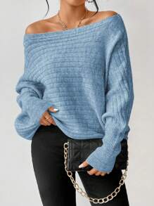 SHEIN LUNE Boat Neck Batwing Sleeve Sweater Knit Pullover Fall Winter Outfit - Blue - View 6