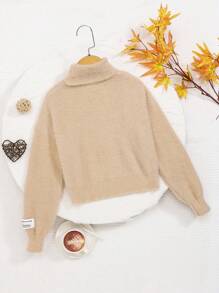 SHEIN Cô gái Tween Chi tiết Patched thư Áo cao cổ Thả vai Áo len - Màu Khaki - Xem 2