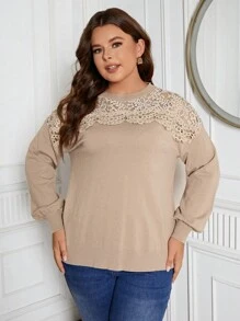 SHEIN Clasi 大碼拼接水溶蕾絲落肩袖套頭毛衣 - 杏色 - 查看 3