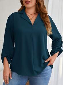 SHEIN Frenchy Plus Roll Tab Sleeve Blouse - Royal Blue - View 1