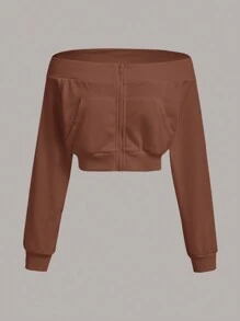 SHEIN EZwear 一字肩拉鏈開襟短款運動衫 - 棕色 - 查看 1