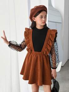 Tween Girl Contrast Heart Mesh Lantern Sleeve Top & Ruffle Trim Corduroy Suspender Skirt - Multicolor - View 4