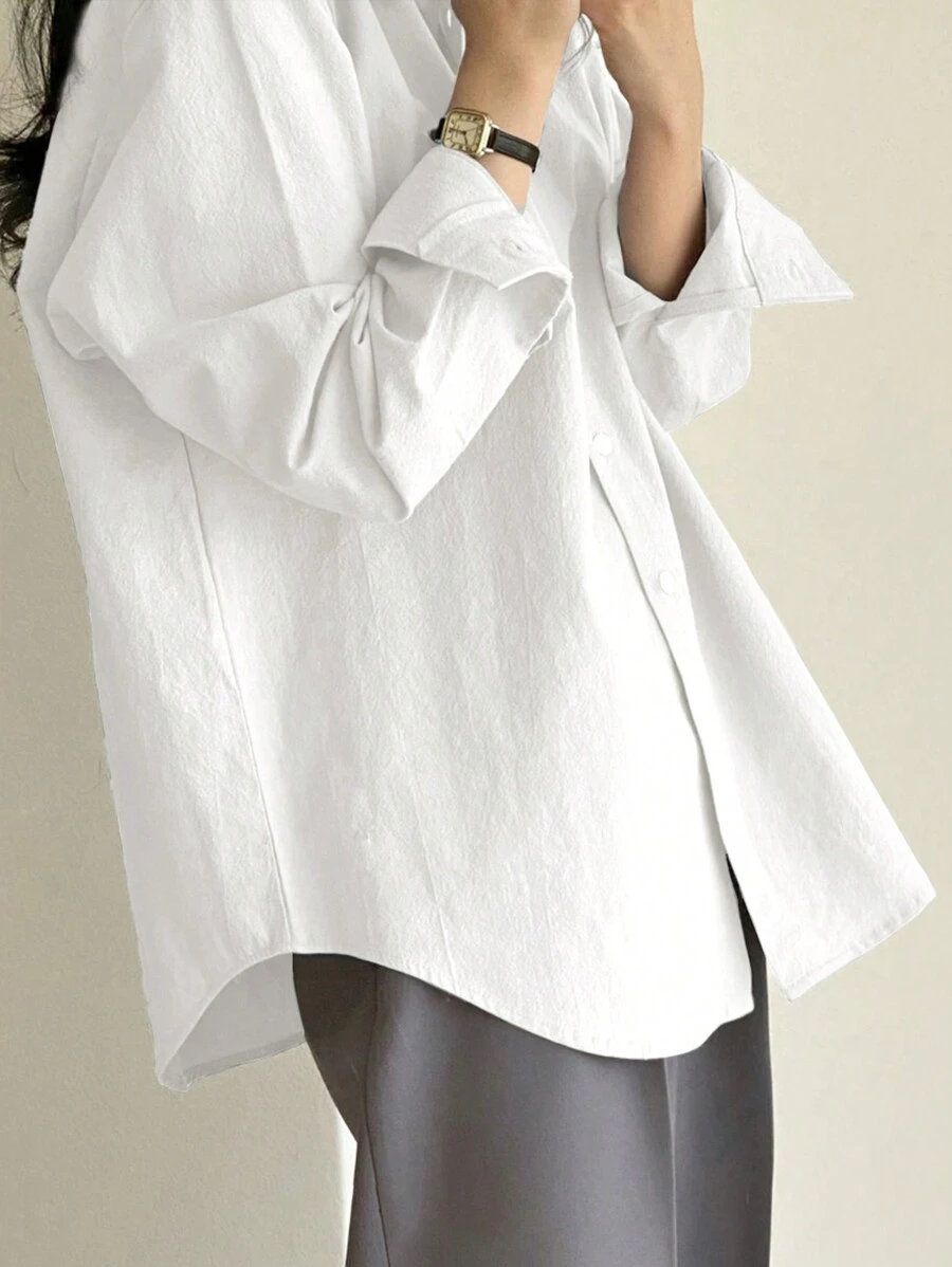 DAZY Áo sơ mi oversize hở vai đơn giản, áo dài tay - trắng - Xem 1