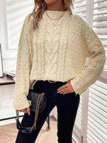 Chiquease Solid Cable Knit Pullover Fall Winter Sweater - Apricot - View 1