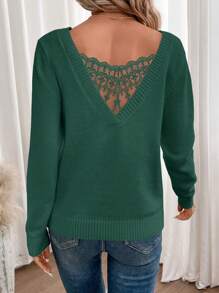 SHEIN Frenchy Contrast Lace V Neck Sweater,Long Sleeve Tops Winter Green Casual Christmas - Dark Green - View 3