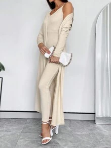 SHEIN Privé 素色吊帶彈力緊身連體褲&開門襟外套 - 杏色 - 查看 4