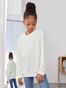 SHEIN 女孩素色落肩袖運動衫 - 米色 - 查看 3