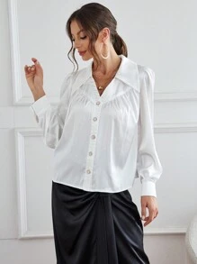 SHEIN Privé Solid Ruched Button Front Shirt - White - View 3