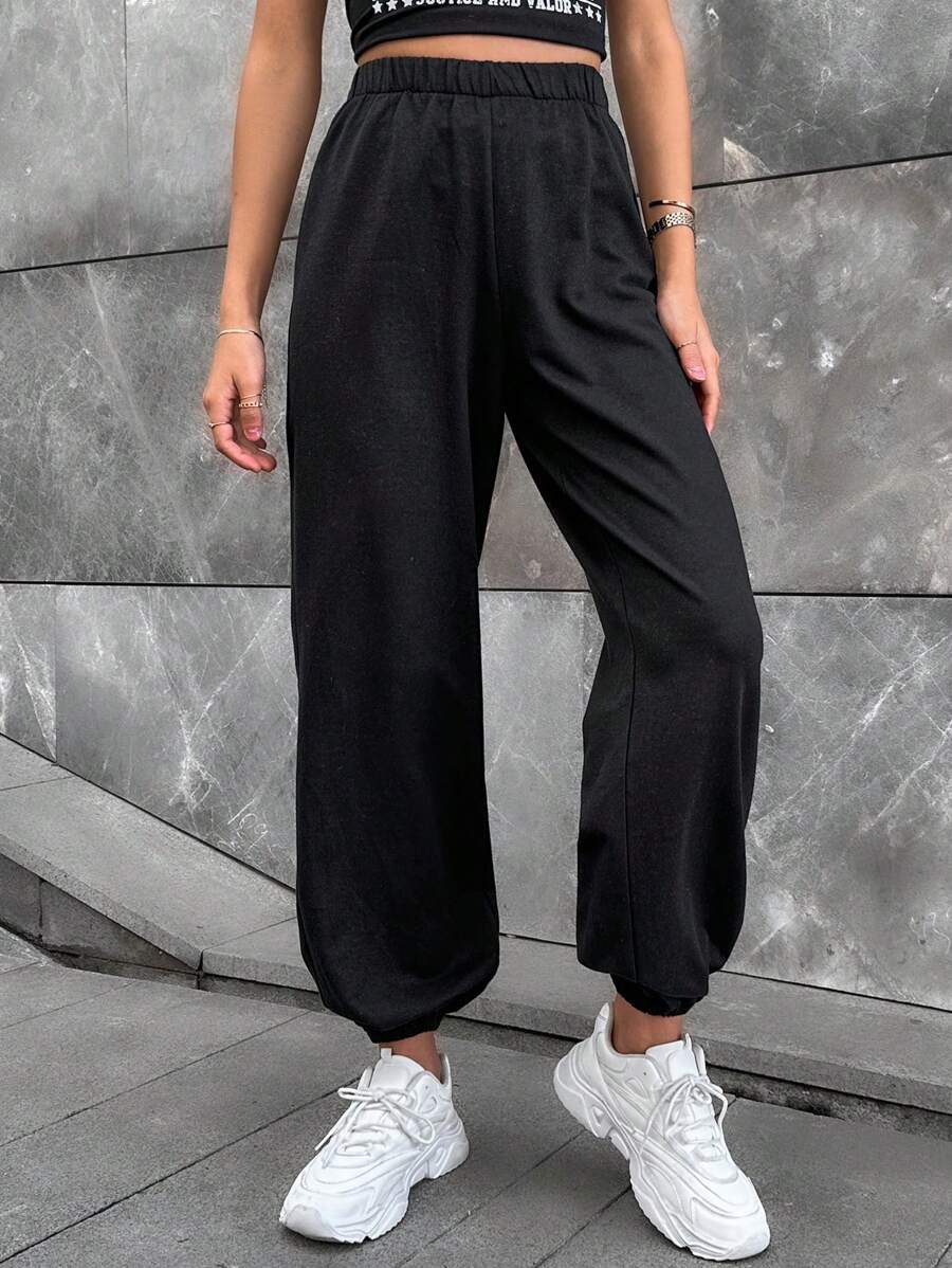 Solid Elastic Waist Sweatpants - Black - View 1