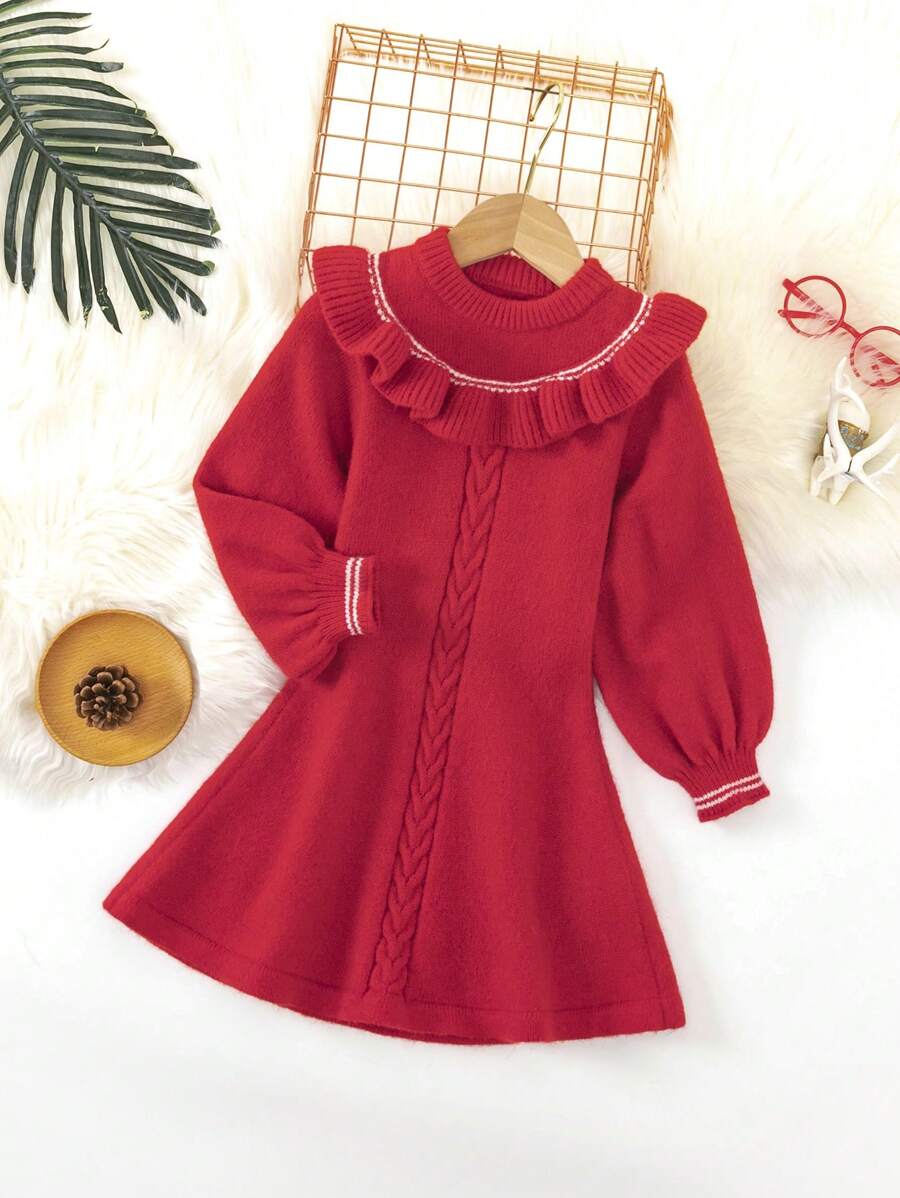 SHEIN Young Girl Ruffle Trim Lantern Sleeve Sweater Dress - Burgundy - View 1
