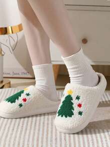 舒服的拖鞋適合女士,聖誕樹圖案,冬天,卡通設計,家庭穿戴,濃烈香調,毛茸茸,防滑,室內,厚鞋底 - 彩色 - 查看 2