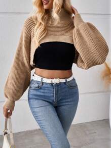 SHEIN LUNE Áo cao cổ tay cánh Siêu crop Áo len Không có áo Top Cami - Cà phê nâu - Xem 1