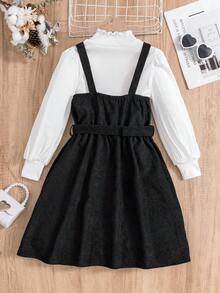 SHEIN Tween Girl Mock Neck Tee & Belted Cami Dress - Black and White - View 2