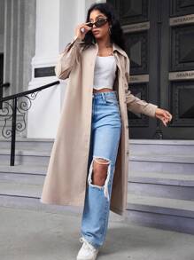 SHEIN Essnce Nút Thông qua Áo khoác Trench - Màu Khaki - Xem 1