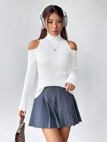 SHEIN EZwear 素色挖肩高領套頭毛衣 - 白色 - 查看 4