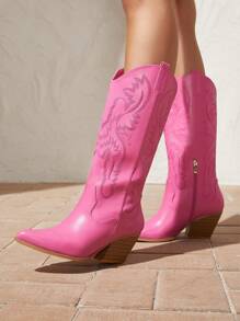 SheIn VCAY Quý cô Đúng mốt & Thoải mái Màu hồng Chi tiết thêu Pointed Toe Dày Gót chân Giày ống Tây - Hồng - Xem 4