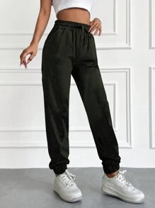 RueChic Solid Drawstring Waist Slant Pocket Sweatpants - Army Green - View 3