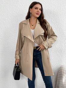 SHEIN Clasi 大碼西裝領雙排釦風衣外套 - 卡其色 - 查看 4