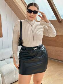 SHEIN Essnce 大碼小高領接縫細節開衩袖套頭毛衣 - 杏色 - 查看 5