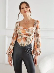 SHEIN Privé Tie Dye Vierkante hals Lantern mouwen Zakdoekzoom Tops