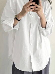 DAZY Áo sơ mi oversize hở vai đơn giản, áo dài tay - trắng - Xem 3