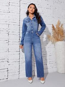 SHEIN Privé Flap Pocket Button Front Denim Jumpsuit