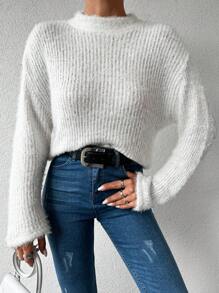 EURMUSE Mock Neck Drop Shoulder Sweater - White - View 3