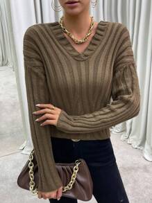 Chiquease Solid Drop Shoulder Ribbed Knit Sweater Knit Pullover Fall Winter Outfit